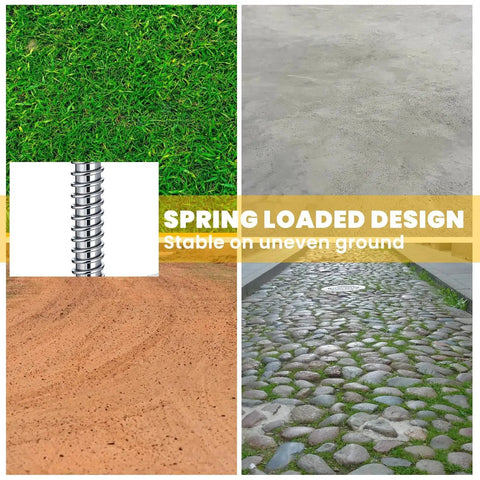 Image showing spring-loaded design of Heavy Duty Gate Wheel Spring Loaded Casters on grass, concrete, sand, and cobblestone surfaces.