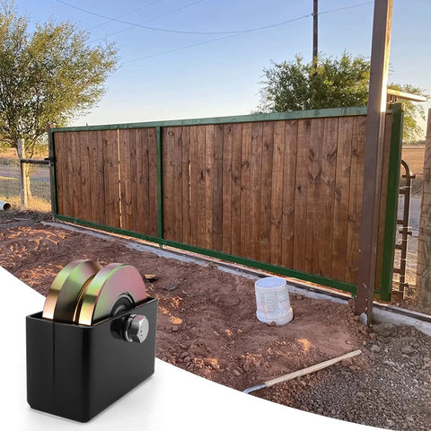 4 Inch Sliding Gate Rollers Wheel 2 Pack With V Groove And Welded Bracket installed on wooden gate outdoors