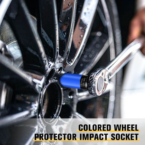 17mm Half Inch Drive Wheel Protector Impact Socket Set in use on car wheel, chrome molybdenum steel, color coded.
