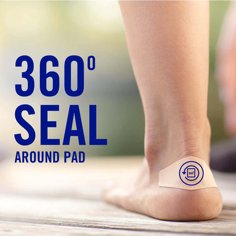 Foot with Painless-Removal Bandages 40-Pack, Strong 24-Hour Adhesive and Water-Resistant, showing 360 seal feature