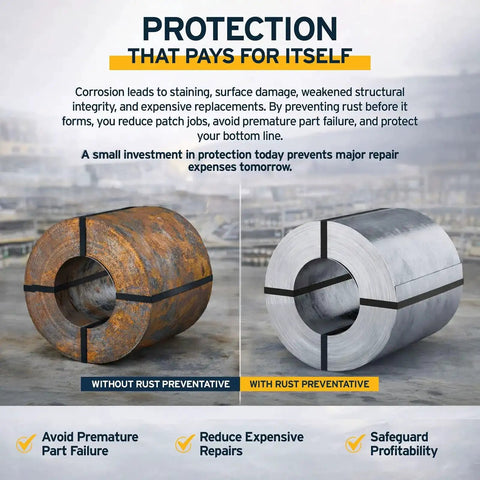 Comparison of metal cylinder with and without Oil Based Rust Preventative Penetrant And Lubricant For Rust And Corrosion Prevention In Industrial Applications 5 Gallon Made In USA Ideal For Heavy Duty Gear And Tools And Machinery.