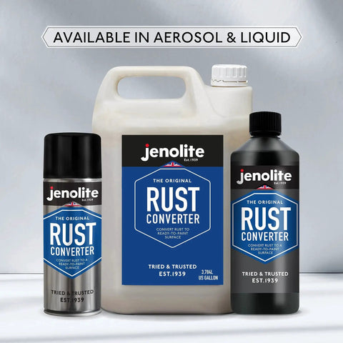 Front view of Jenolite rust converter products featuring Fast Acting Rust Converter Spray For Metal 400 Ml Epoxy Rust Converter Primer.