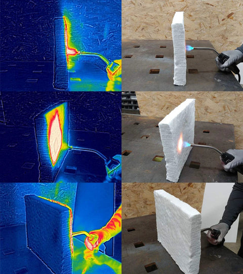 Ceramic fiber insulation block, white, 2 in thick × 15 × 24 in; fireproof demonstration with torch.