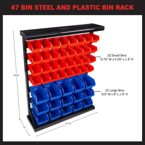 47 Bin Garage Organizer Rack With 15 Large And 32 Small Bins, Tabletop Or Wall Mount Steel Storage, shown with dimensions