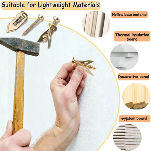 Heavy Duty Drywall Anchors And Screws Kit With 160 Pieces, 80 Self Drilling Anchors 0.47 x 1.18 Inch And 80 Screws For Sheetrock Installation, No Pilot Hole Required, Strong Hold For Shelves Hooks And Fixtures By Weapengsen, being installed in lightweight material with a hammer