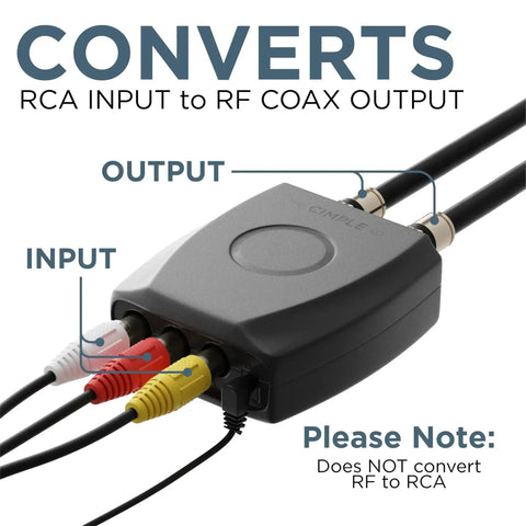 RCA To RF Modulator For Coax TV Setup Converts Composite Video And Audio To Channel 3 Or 4, input and output ports labeled