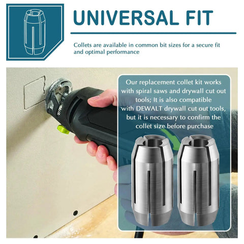 Person using spiral saw with Two Pack Replacement Collet Kit For CN1 And DeWalt Spiral Saws And Drywall Cutout Tools 5 32 Inch Collets.