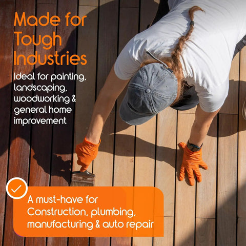 Person wearing Orange Nitrile Gloves Ultra 8 Mil Diamond Textured Grip Small 100 Count, working on wooden deck, showcasing grip.