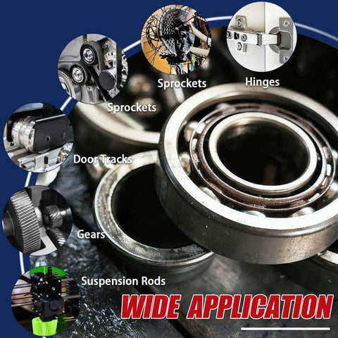 Close-up of metal gears, sprockets, hinges labeled for applications with Multi Purpose Lithium Grease For Automotive Bike And Garage Gear Lubricant High Temp Heavy Duty NLGI 2 With Brush For Bearings Gears Hinges Sunroofs Track Rails And More 2 Pack 1oz Tubes