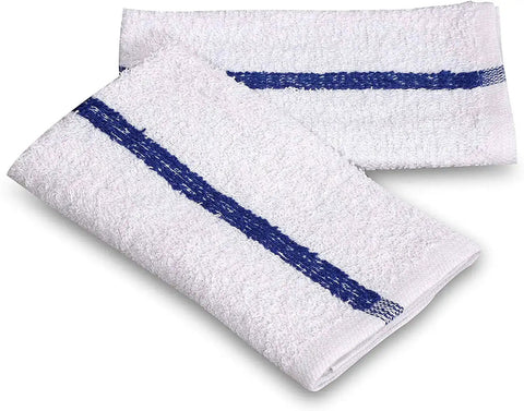 Soft Cotton Blend White Bar Mops For Restaurants And Kitchens 36 Pack With Blue Stripe 84 Percent Cotton 16 Percent Polyester