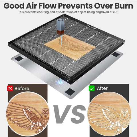 Heavy Duty Steel Honeycomb Laser Bed 500x500x22mm With Magnetic Hold Down For D1 D1 Pro Falcon 2 And Most Laser Engravers Premium Heat And Smoke Dissipation For Precise Cuts And Clean Engraving; shows before and after wood engravings.