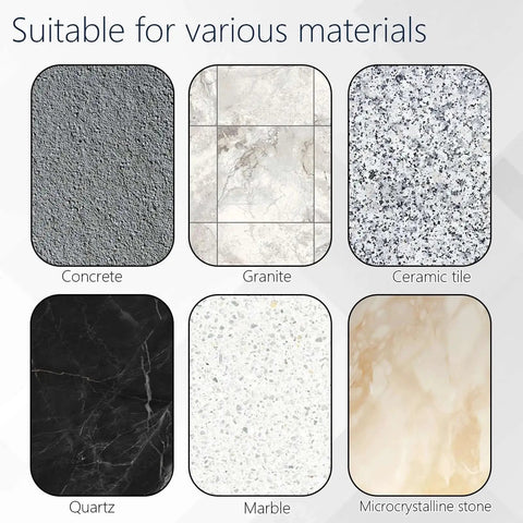 Image showing six materials: concrete, granite, ceramic tile, quartz, marble, microcrystalline stone, for drill bit use.