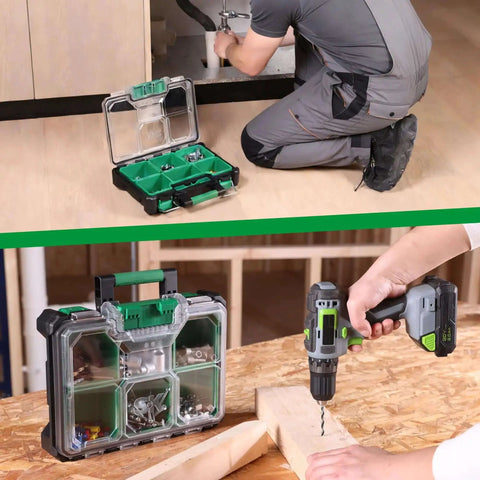 Person using 13.5 Inch Small Parts Organizer Box With Stackable Design, 7 Compartments And Removable Dividers, IP65 Waterproof.