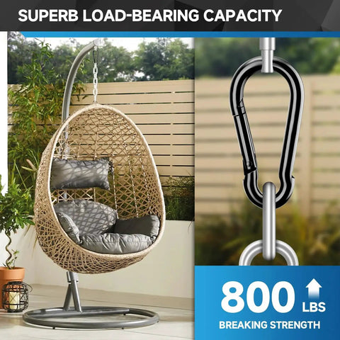 Heavy Duty 4 Inch Carabiner Clips 800 Lb Load For Outdoor Hammock And Camping shown supporting a hanging chair.