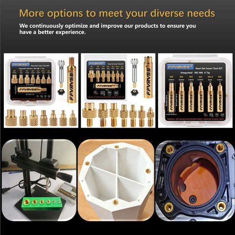 Soldering Tips And Heat Set Insert Kit For Thread Inserts M2 M2.5 M3 M4 M5 M6 M8 with adapters and brass inserts displayed