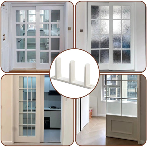 4 Pack Universal ABS Sliding Closet Door Floor Guides for 1-3/8 Inch Thick Doors White Bottom Guides With Screws Keeps Sliding Panels Centered On Tracks Provides Side Support For Cabinet And Closet Door Systems in use with glass and pantry doors.