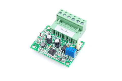 PWM To 0 To 10 Volt Converter Module For PLCs And Industrial Control Panels Digital To Analog Interface with green terminals and capacitors.