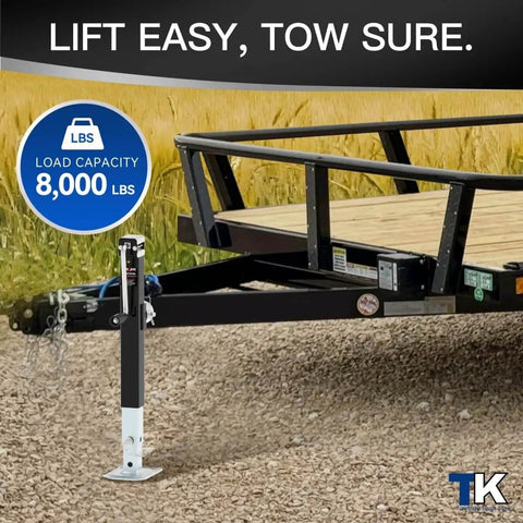 Rugged 8000 Pound Pipe Mount Tongue Jack With 15 Inch Lift And Adjustable Drop Leg Swivel Weld On Trailer Jack in use on trailer