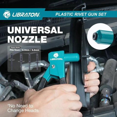 Lightweight 90 Degree Plastic Rivet Gun Kit With One Hand Riveter being used in automotive setting