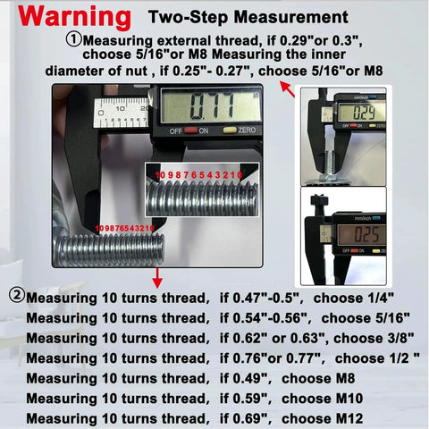 Image showing two-step measurement guide for choosing 5/16 or M8 bolt with digital caliper.