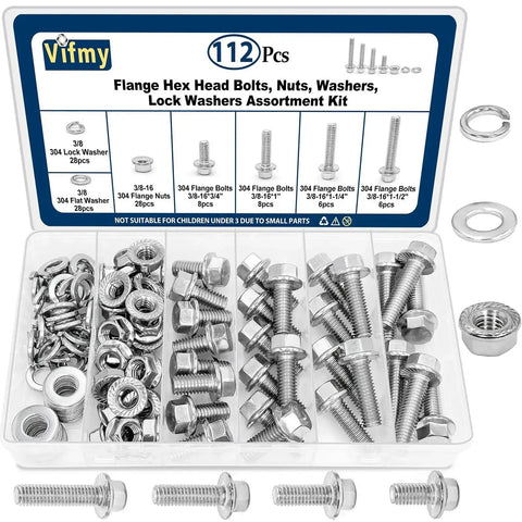 3/8-16 Stainless Steel Flange Bolts Kit, 112 Pieces With Washers And Serrated Flange Nuts, Full Thread, assorted lengths, 304 Grade