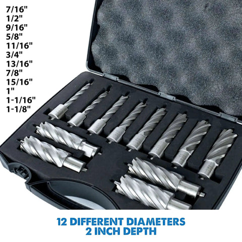 No Fuss Magnetic Drill Annular Cutter Kit With 12 Pieces For 2 Inch Depth, 7/16 To 1-1/8 Inch Widths, Weldon Shank 3/4 Inch