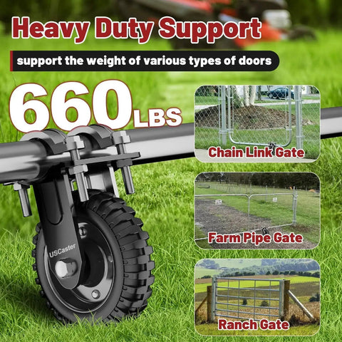 Heavy Duty Gate Wheel For Metal Gates And Fences, Eight Inch Gate Caster Fits One And A Quarter To Two And A Quarter Inch Outer Diameter, Anti Slip Rubber Tread, Galvanized Wheel Surface For Corrosion Resistance, 550 Lb Capacity, Black, One Pack.