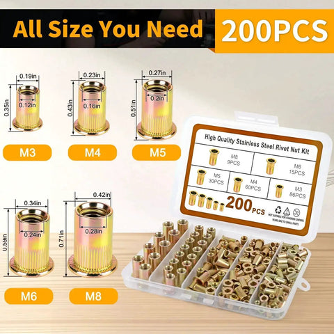 All In One Metric Rivet Nut Kit With 200 Pcs Carbon Steel Rivet Nuts M3 M4 M5 M6 M8 UNC Flat Head Nutserts With Knurled Deep Threads