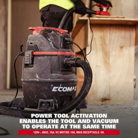 Dual-Mode Wet Dry Vacuum With Auto Tool Activation, 8 Gallon Workhorse, connected to a power tool in a workshop setting.