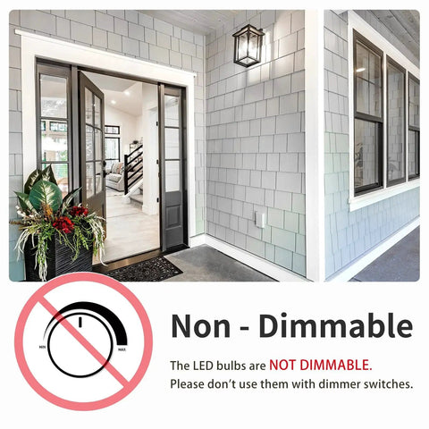 Front porch with light fixture, labeled non-dimmable, for Six Pack A19 LED Light Bulbs With E26 Base 60 Watt Equivalent Daylight 5000K.