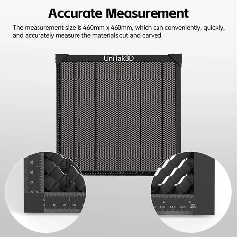 Honeycomb Laser Bed 500x500mm For XTool D1 D1 Pro S9 S10 S30 Pro And RAY5 Engravers With Beefed Up Heat Dissipation Aluminum Plate Desk Guard For Flat Precise Cuts And Smoother Airflow UniTak3D, close-up view showing measurement marks on corner.