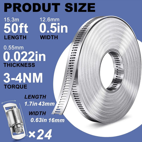 DIY Stainless Steel Hose Clamp Kit With 50 Ft Metal Strap Roll And 24 Fasteners product size details, showing roll and fastener dimensions.