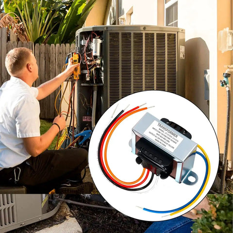 24V 40VA Multi-Tap Isolation Transformer For HVAC And Furnace Systems with foot mount, shown near technician installing it.