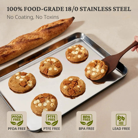 Stainless Steel Baking Sheet Set With Wire Racks Includes 3 Pans And 3 Racks In 9 12 16 Inch Sizes Non Toxic PFOA PTFE Free shown with cookies
