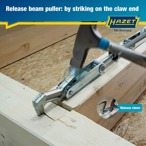 Hazet Beam Puller 1774-1 I Clamps, Pulls And Compresses Timber shown clamping wood with release mechanism visible.