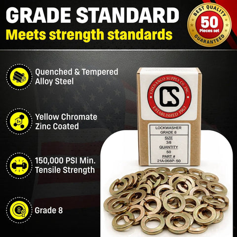 Split lock washers, 3/8 in, Grade 8, yellow zinc chromate coated, 50 pcs in Chenango Supply box.