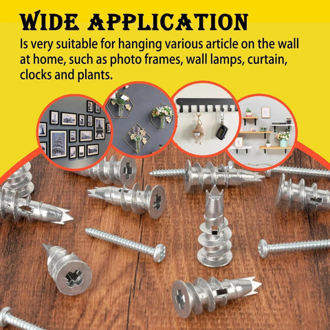 100 Piece Zinc Self Drilling Drywall Anchors And Screws Kit With 50 Heavy Duty Hollow Metal Anchors And 50 Size 8 And One Quarter Inch Screws for secure sheetrock mounts shown on wood surface