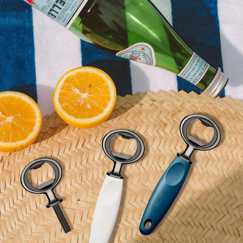 Stainless Steel Bottle Opener Inserts Kit 8 Pack For DIY Wood Turning Black Blank Finish displayed with oranges and bottle
