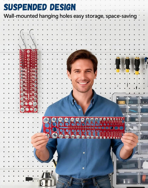 Man holding Pro Grade Nut And Bolt Thread Checker Kit For Standard And Metric Threads Identifies Bolt And Nut Sizes in shop