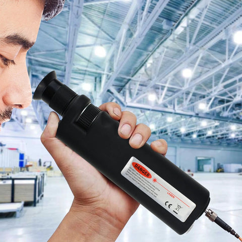 Handheld fiber optic microscope, black with LED illumination, 400x magnification, portable inspection tool.
