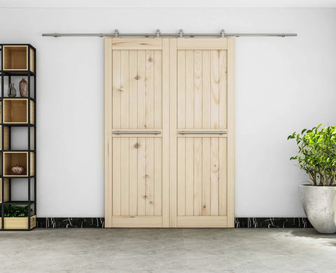 10 Foot Brushed Stainless Steel Double Sliding Barn Door Hardware Kit With Soft Close Top Mount Rollers For Indoor Bi Parting Track