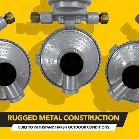 Uninterrupted RV Propane Regulator With Automatic Dual Tank Changeover, showcasing rugged metal construction on a yellow background