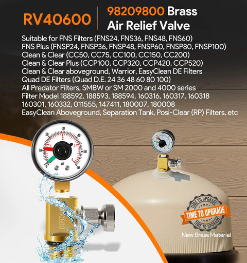 Amazon RV40600 brass air relief valve with pressure gauge for pool filter system