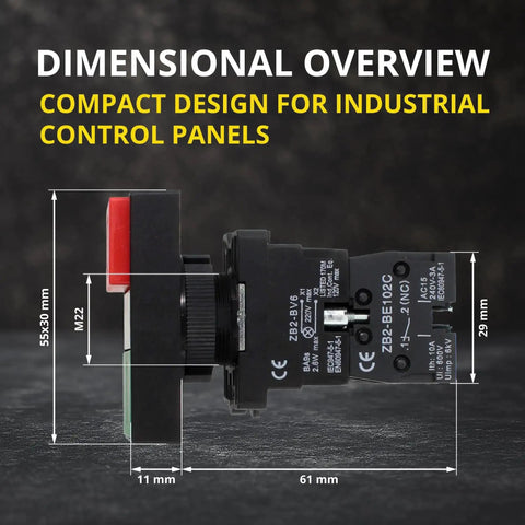 Side view of Double Head Push Button With Signal Lamp For On Off Start Stop Control in Industrial Equipment and Panel Mounts