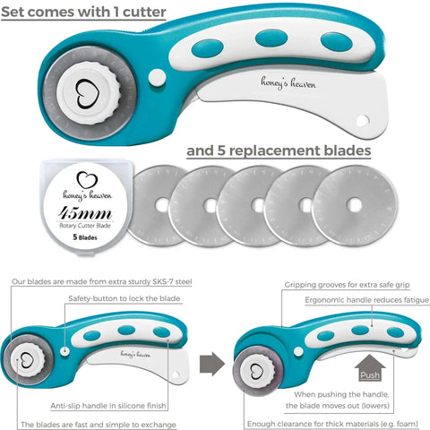 Turquoise Rotary Cutter Set For Quilting And Crafting, 45mm Fabric Cutter Kit Pro With 5 Replacement Blades shown in detail