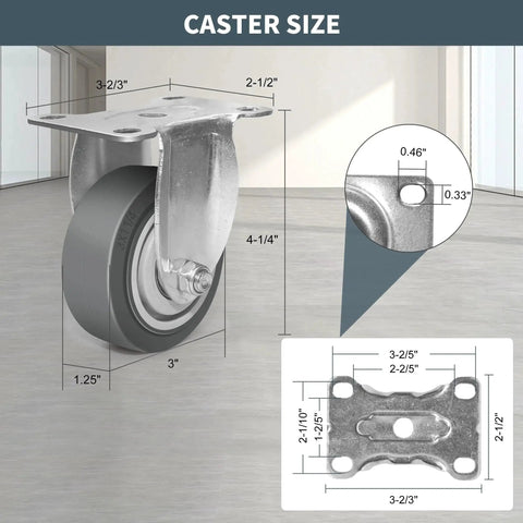 Dimensions of Heavy Duty 3 Inch Caster Wheels Set Of 4 With Brakes Swivel and Rigid Non Marking Rubber Quiet Casters by ZDNEY