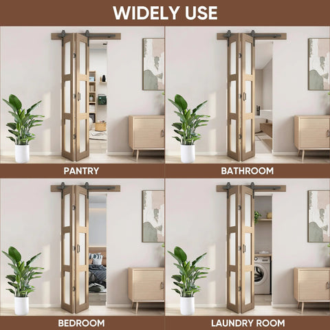 Four installed views of 32 Inch Bifold Glass Barn Door Kit With Hardware Included, showing use in pantry, bathroom, bedroom, laundry room.