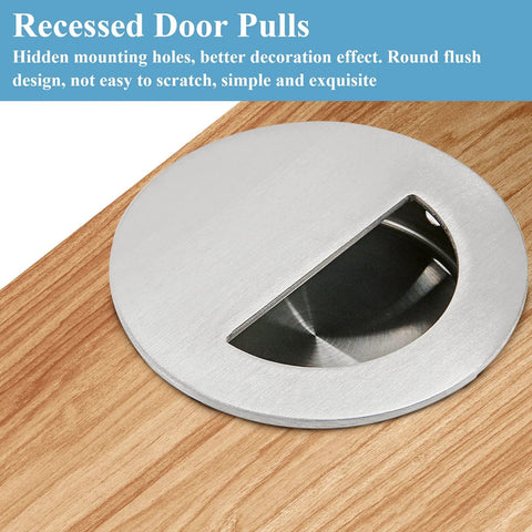 Round Hidden Door Pulls Set, Stainless Steel Recessed Flush Cabinet Pulls for Sliding Barn Doors, 50mm Diameter, Brushed Nickel