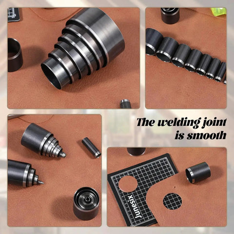 Leather Circle Cutter Tool Set With 31 Piece Circle Punches From 1mm To 55mm Pro Grade High Carbon Steel Cutting Dies on leather surface