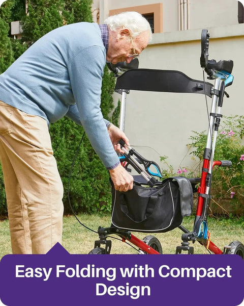 Man placing 36 Inch Foldable Reacher Tool For Seniors with Anti Slip 360 Degree Rotating Jaw and Magnet into a walker basket.